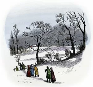 Outdoor Collection: Rural Christmas gathering of neighbors, 1800s