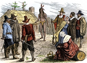 Samoset visiting Pilgrim colonists at Plymouth