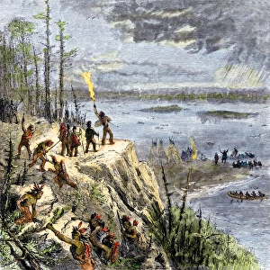 Vermont Prints: Samuel de Champlain and his Huron allies going to fight the Iroquois