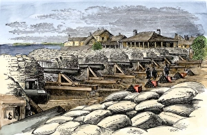 Civil War Prints: Sandbag battery at Fort Moultrie with artillery aimed at Fort Sumter during