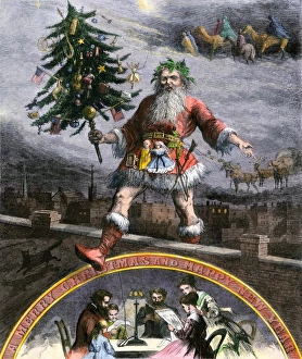 Santa Claus on a rooftop carrying a decorated Christmas tree