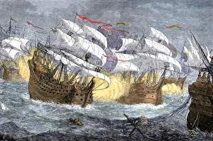Atlantic Ocean Prints: Seizure of Spanish treasure ships by the English fleet of Sir Francis Drake