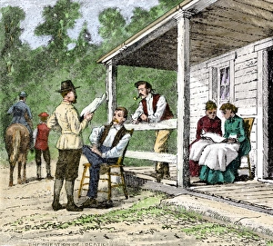 Pioneer Prints: Settlers in front of their cabin in Rugby