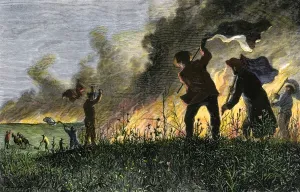 Pioneer Prints: Settlers on the Great Plains fighting a prairie fire