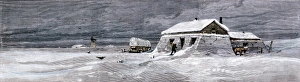 Dakotas Prints: Settlers sod house and outbuildings in winter