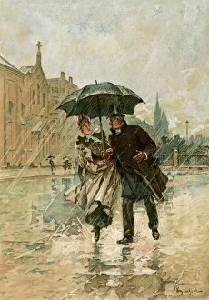 Pedestrian Gallery: Sharing an umbrella, England, 1800s