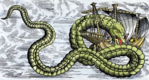 Ship attacked by a sea serpent in the Sea of Darkness