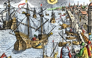 Ships in busy Lisbon harbor, circa 1600