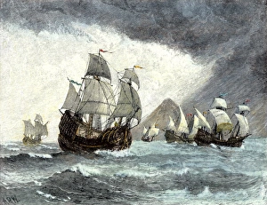 Spice Trade Prints: Ships of Ferdinand Magellan rounding Tierra del Fuego to circumnavigate