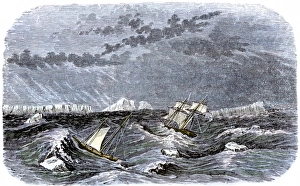 Latin American Prints: Ships in the Strait of Magellan rounding Cape Horn along the headlands of