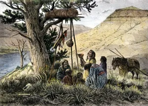 Montana Prints: Sioux family offering gifts to the dead in an elevated grave