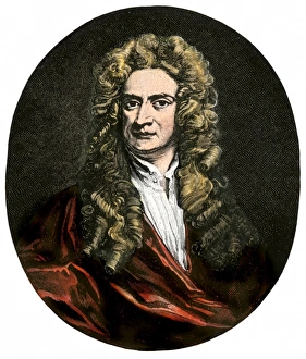 Sir Isaac Newton. Hand-colored engraving of a portrait by Sir Godfry Kneller