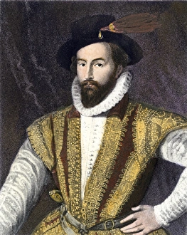 Sir Walter Raleigh. Hand-colored engraving of a painting