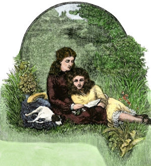 Reading Gallery: Sisters reading a book, 1800s