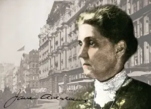 Signature Prints: Social reformer Jane Addams against a photo of downtown Chicago in the 1890s