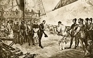Surrender Prints: Spanish Armadas admiral surrenders his sword to Francis Drake