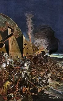 Hernando Cortes Gallery: Spanish attacked by Aztec warriors during La Noche Triste