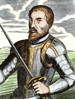 Mississippi River Prints: Spanish conquistador Hernando de Soto Hand-colored 19th-century woodcut