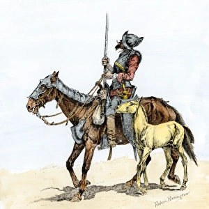 Spanish conquistador on a horse with foal - the origin of the horse in colonial