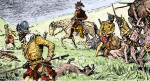Mexican Prints: Spanish conquistadors using Native American captives to carry burdens