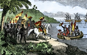 Spanish explorer Hernando De Soto landing his expedition in Florida