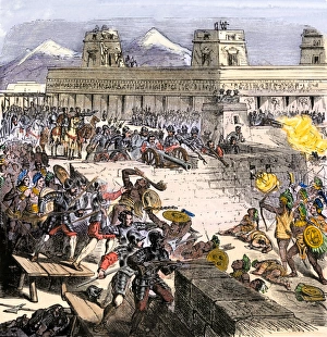 Latin America:Caribbean Prints: Spanish invaders attacked by the Aztecs in Tenochtitlan during La Noche Triste