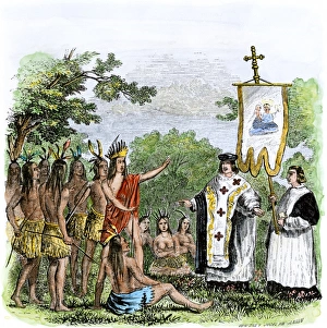 Roman Catholic Prints: Spanish missionary Father Garzes instructing Native Americans