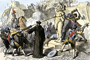 Roman Catholic Prints: Spanish priests destroying Aztec idols in Mexico