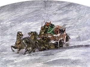 Montana Prints: Stagecoach caught in a prairie blizzard
