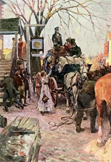 Stage Collection: Stagecoach stop in a town along the post road