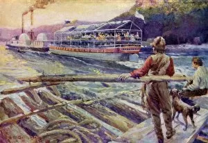 Passenger Gallery: Steamboat passing a raft on a river