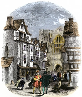 Tudor England Prints: Street in London during the reign of Mary I