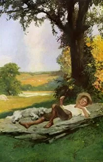 Summer afternoon for a boy and his dog, circa 1900
