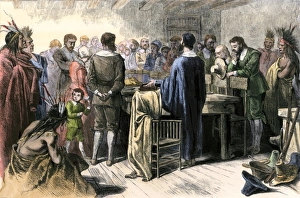 Thanks Giving Prints: Thanksgiving-Day feast among the Puritans of New England