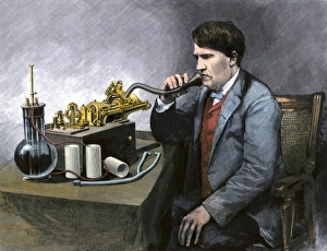 Inventor Prints: Thomas Edison speaking through his perfected phonograph
