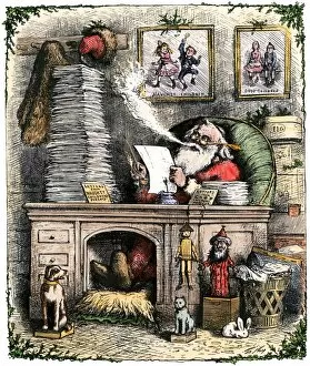 Holidays:celebrations Gallery: Thomas Nast Santa Claus reading his mail, 1800s