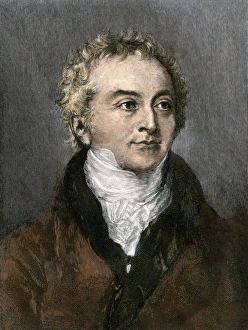 Physicist Prints: Thomas Young. Hand-colored woodcut of a portrait