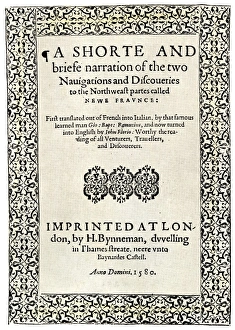 Canadian History Prints: Title page of the London edition of Jacques Cartiers book about his discoveries