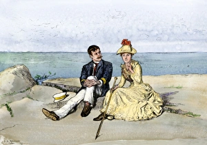 Hiking Collection: Tourists overlooking the Atlantic Ocean from Mt. Desert Island, Maine