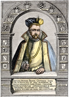 Astronomy Prints: Tycho Brahe portrait, 1586. Hand-colored engraving