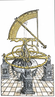 Tycho Brahes quadrant. Hand-colored woodcut