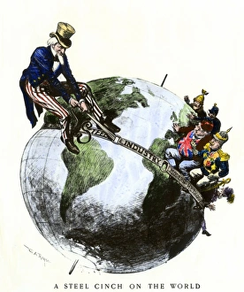 Uncle Sam applying a steel cinch on the globe