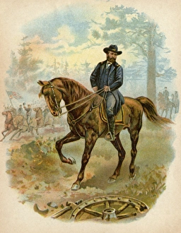Us Army Prints: Union General Ulysses S. Grant on horseback on a Civil War battlefield