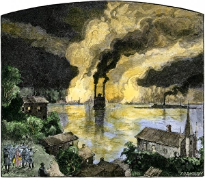 Steam Ship Prints: Union gunboats and steamships passing the Confederate stronghold Vicksburg