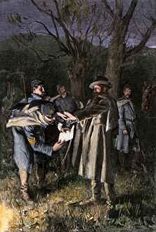 Messenger Gallery: Union sentries reading a Confederate message, Civil War