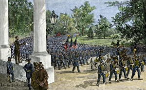 Union troops reviewed by President Lincoln as they march past the White House