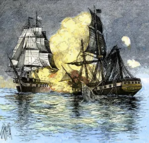 Atlantic Ocean Prints: USS frigate Chesapeake engaging the British ship Shannon
