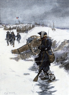Valley Forge soldier on picket duty in the snow