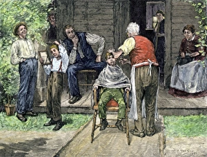 Log Cabin Prints: Village boys getting haircuts, 1800s