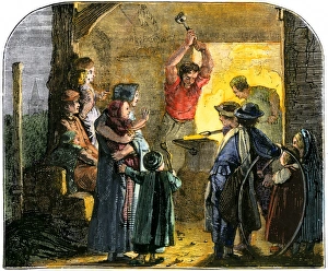 Manual Prints: Villagers watching a blacksmith working at his forge